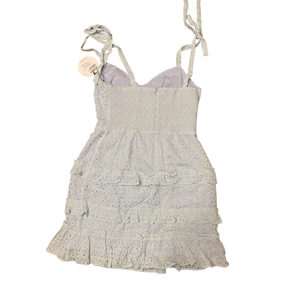 Lost + Wander Blissful Blues Mini Dress Eyelet‎ Ruffle Tie Strap Smocked Blue - Picture 10 of 10